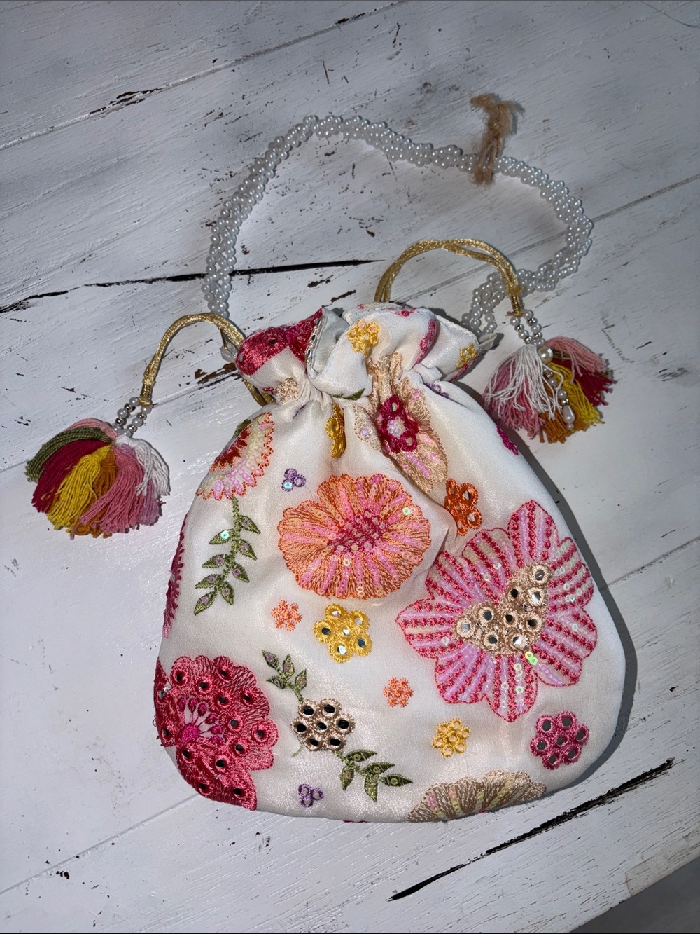 Embroidered Floral Drawstring Pouch Bag - White/Multicolor wedding formal